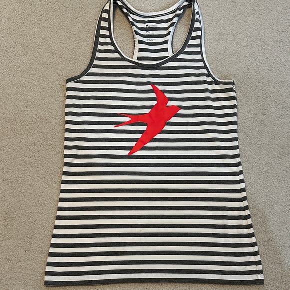 Oiselle sz M Grey and White Striped Tank with Red Bird - Picture 1 of 3